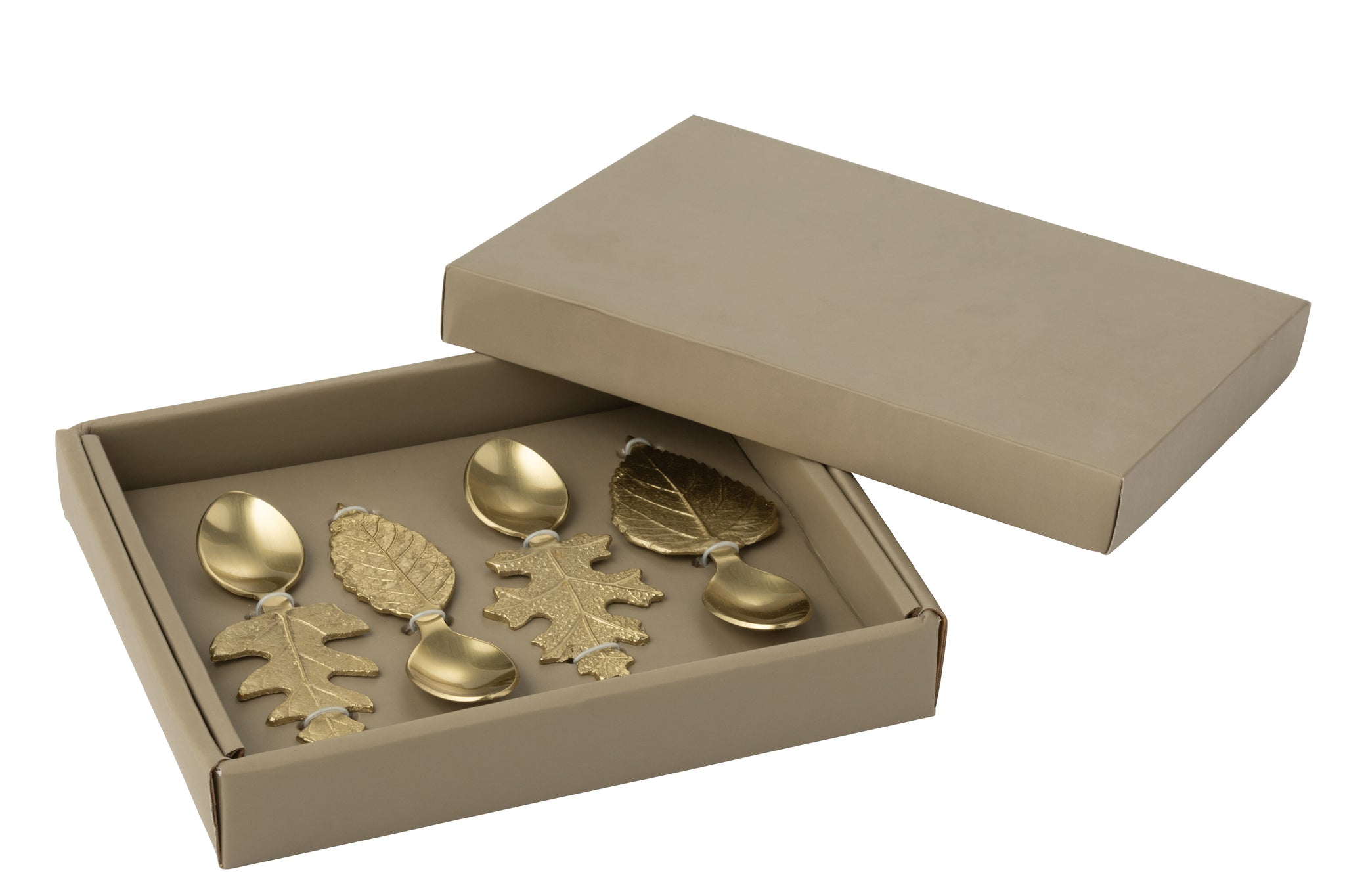 Coffret de 4 Cuillères Feuilles Dorées – Laiton & Acier Inoxydable, Coffret Cadeau | J-Line