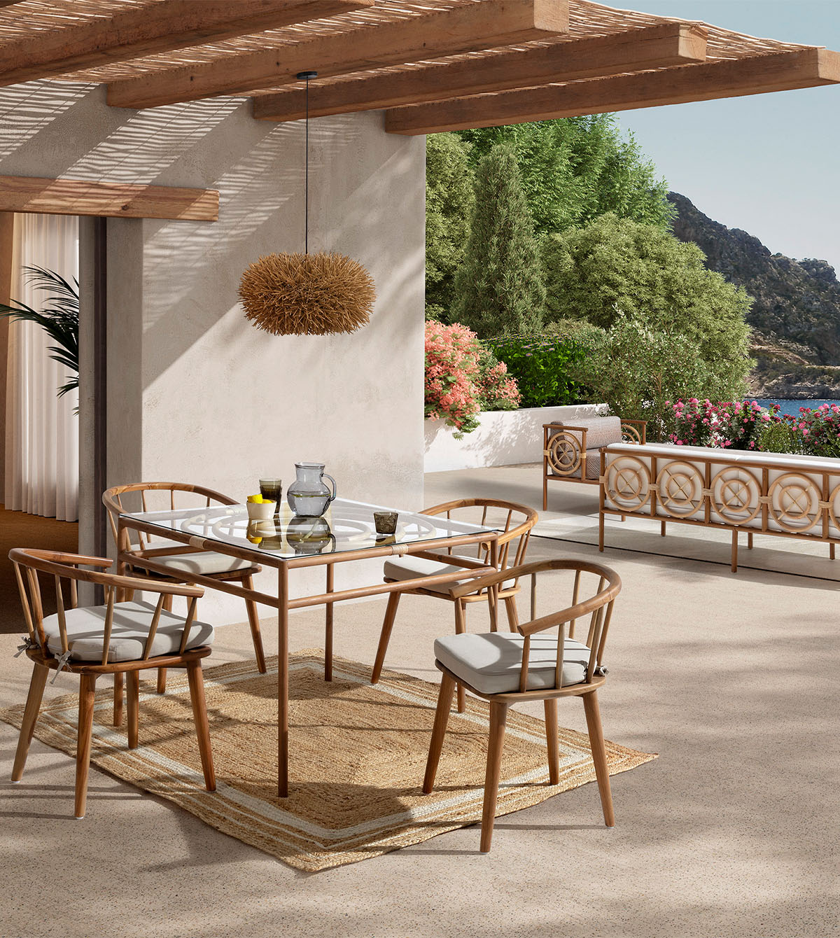 Set de jardin Minorque - 4 chaises en teck et 1 table à manger en rotin et teck