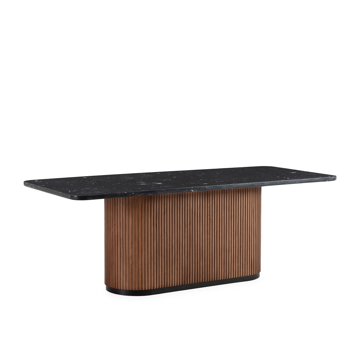 SUR DEVIS - Table de Salle à Manger 215x90x76 Bois d’orme/Marbre reconstitué/Métal -- Noyer/Noir Marquina/Noir Mat - Club Pelita