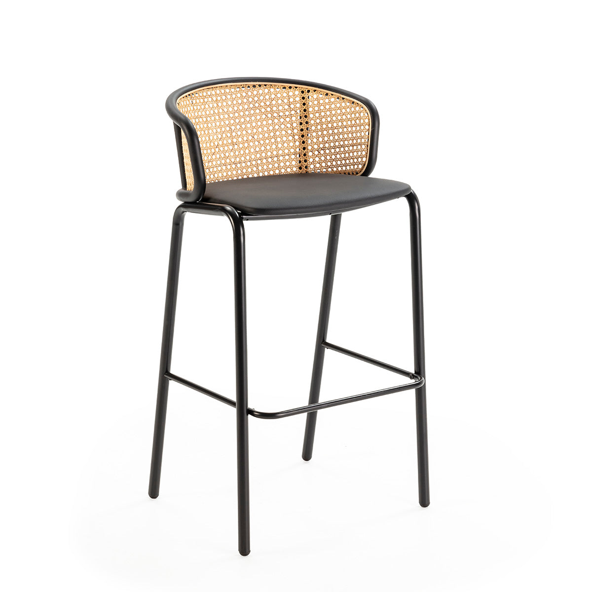 SUR DEVIS - Tabouret 51x49x95 Rotin/Métal/Cuir synthétique Noir/Naturel - Club Pelita
