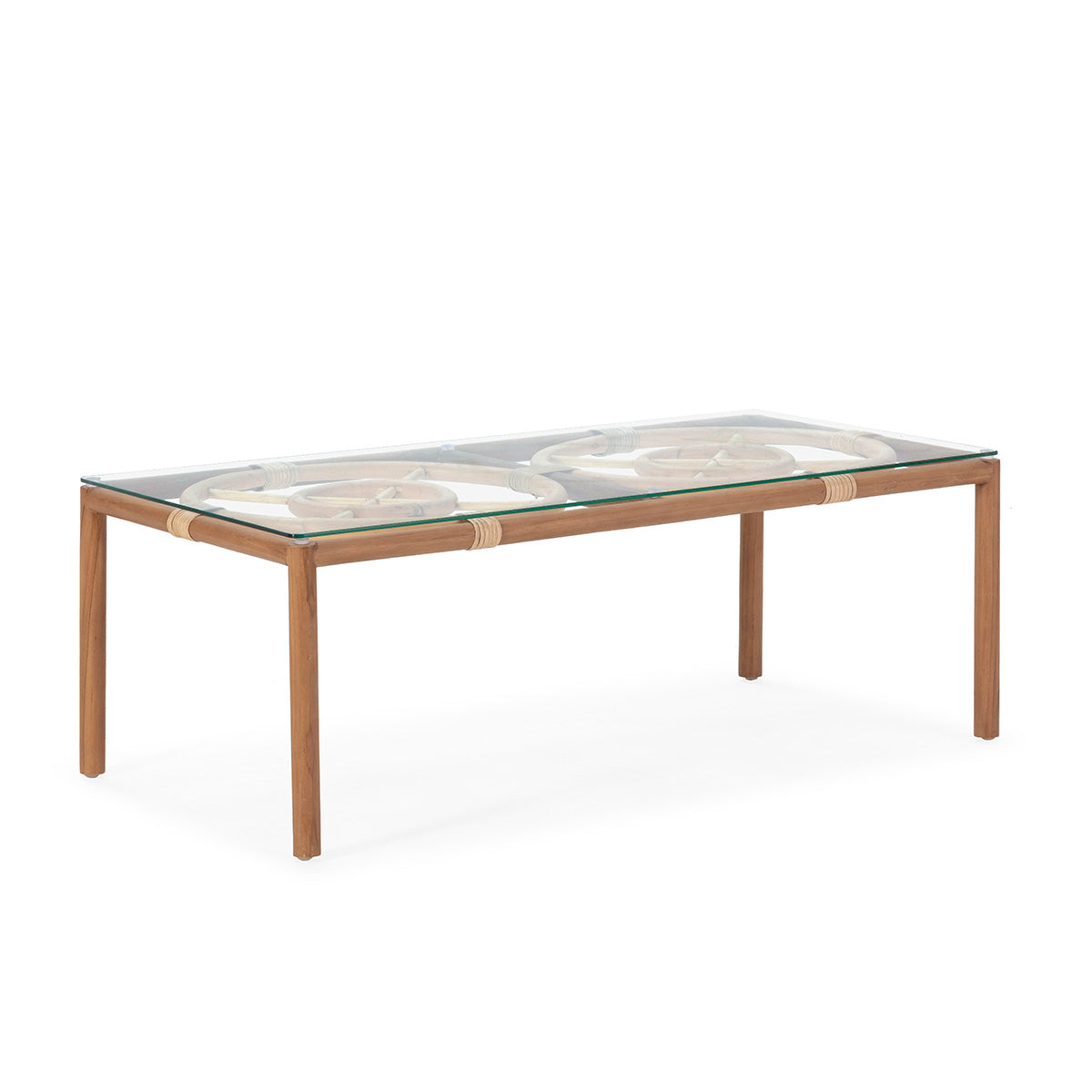 Table basse de jardin Mallorca en teck/rotin et verre trempé