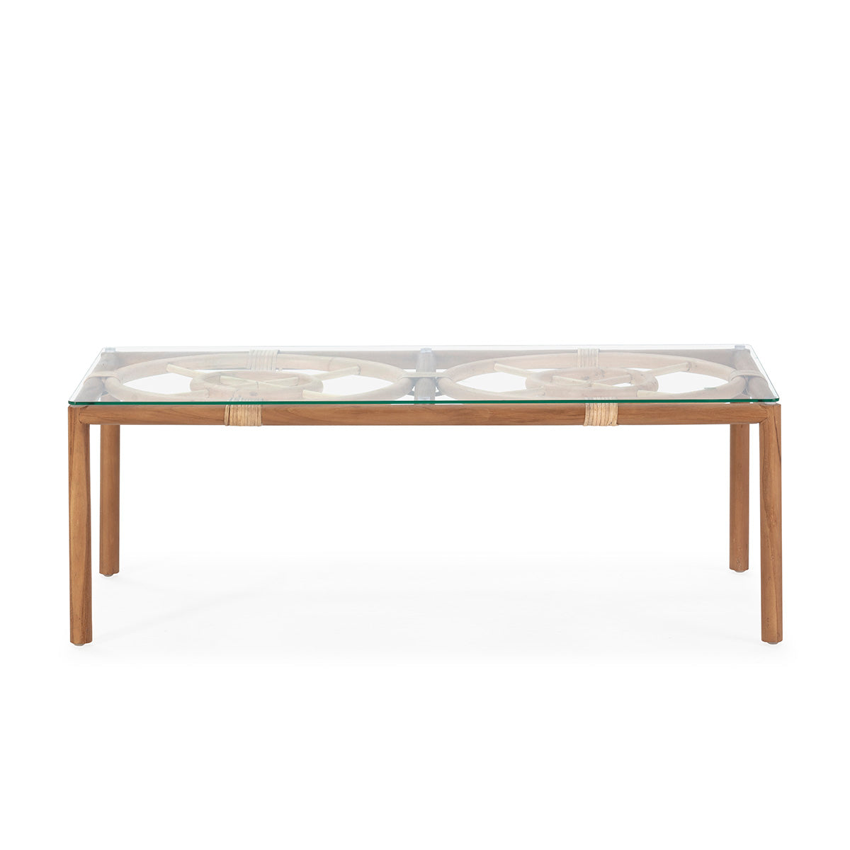 Table basse de jardin Mallorca en teck/rotin et verre trempé