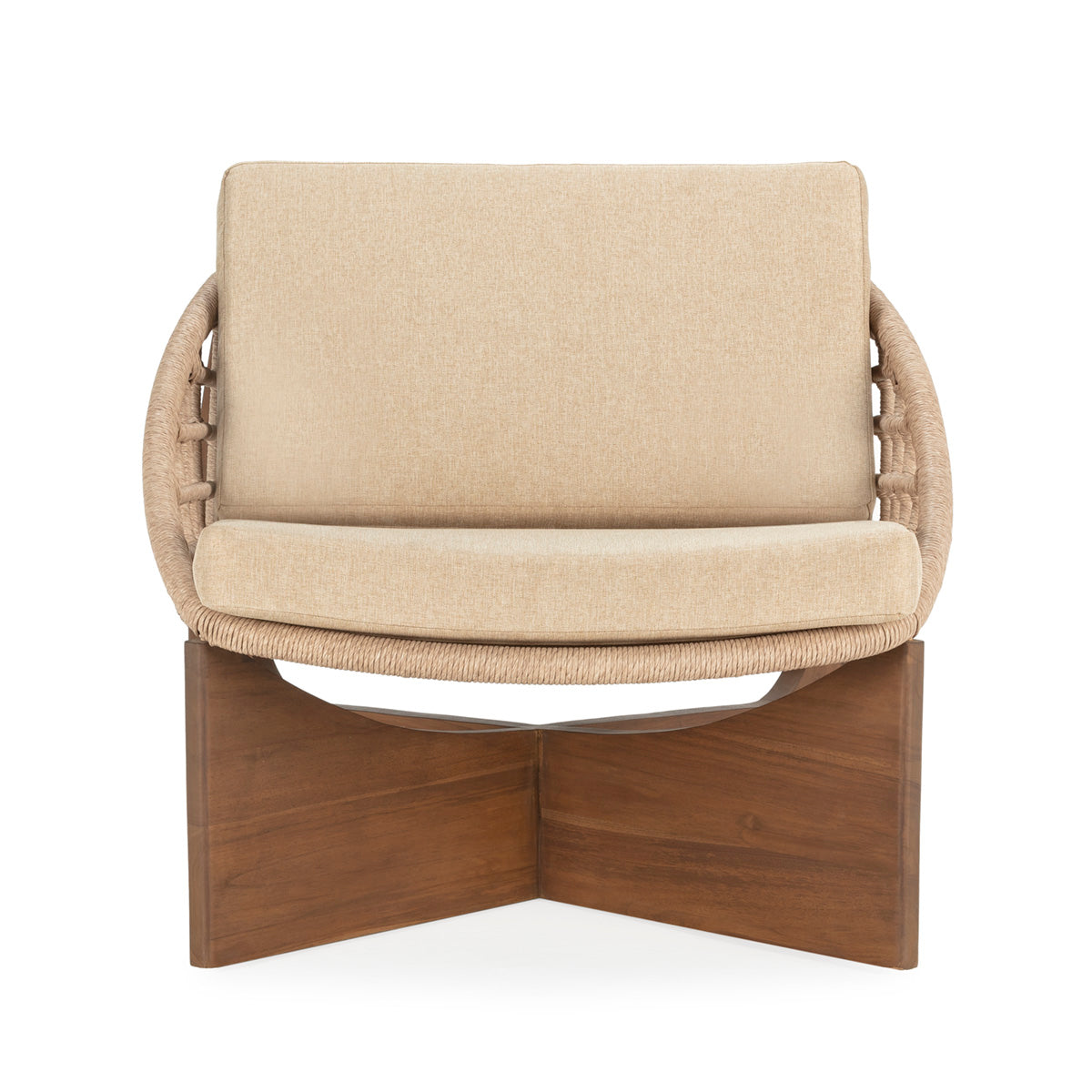 SUR DEVIS - Fauteuil 75x70x80 Bois de Teck/Rotin/Tissu -- Naturel/Camel - Club Pelita