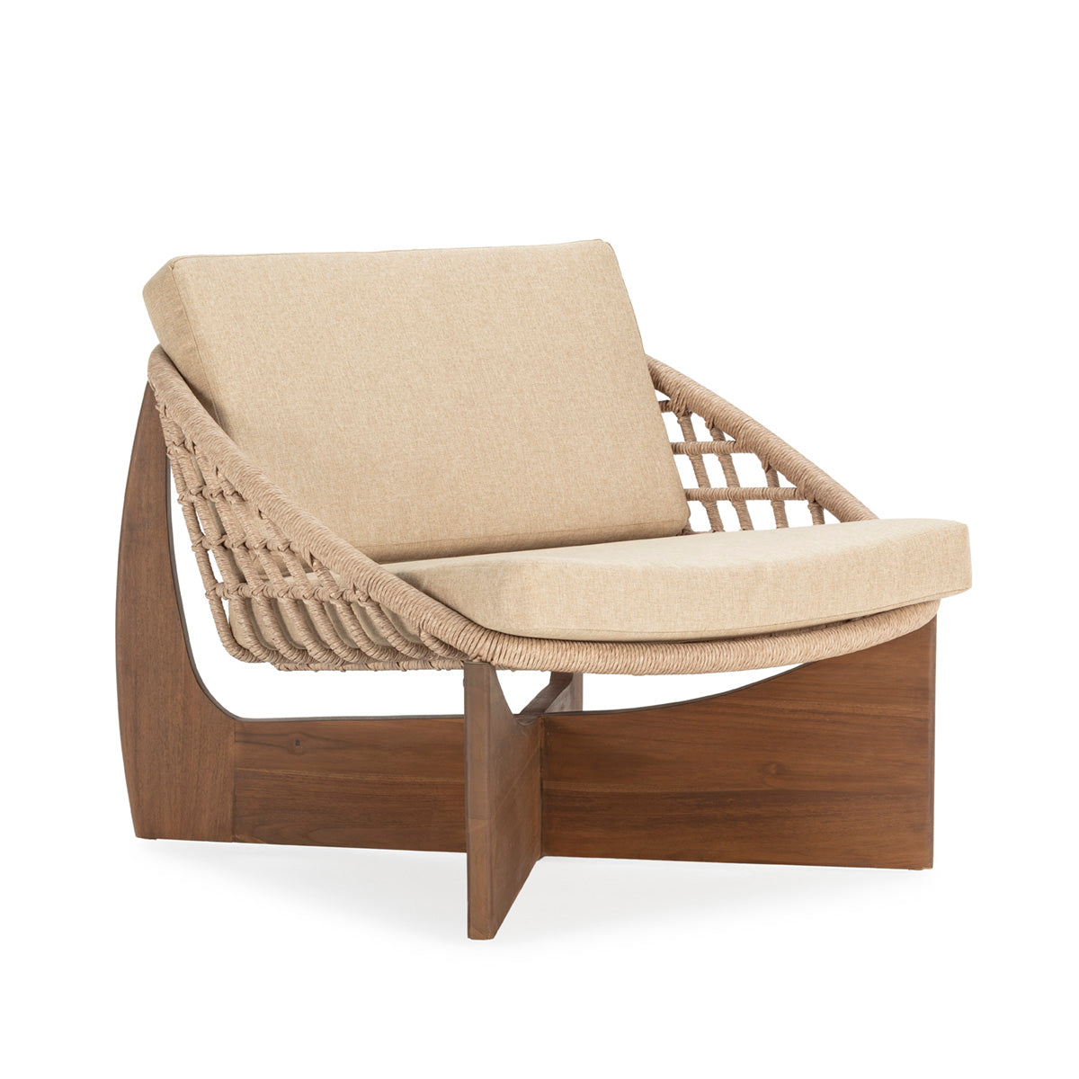 SUR DEVIS - Fauteuil 75x70x80 Bois de Teck/Rotin/Tissu -- Naturel/Camel - Club Pelita