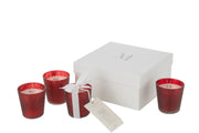 Set de 4 bougies "Mora en verre rouge senteur woody