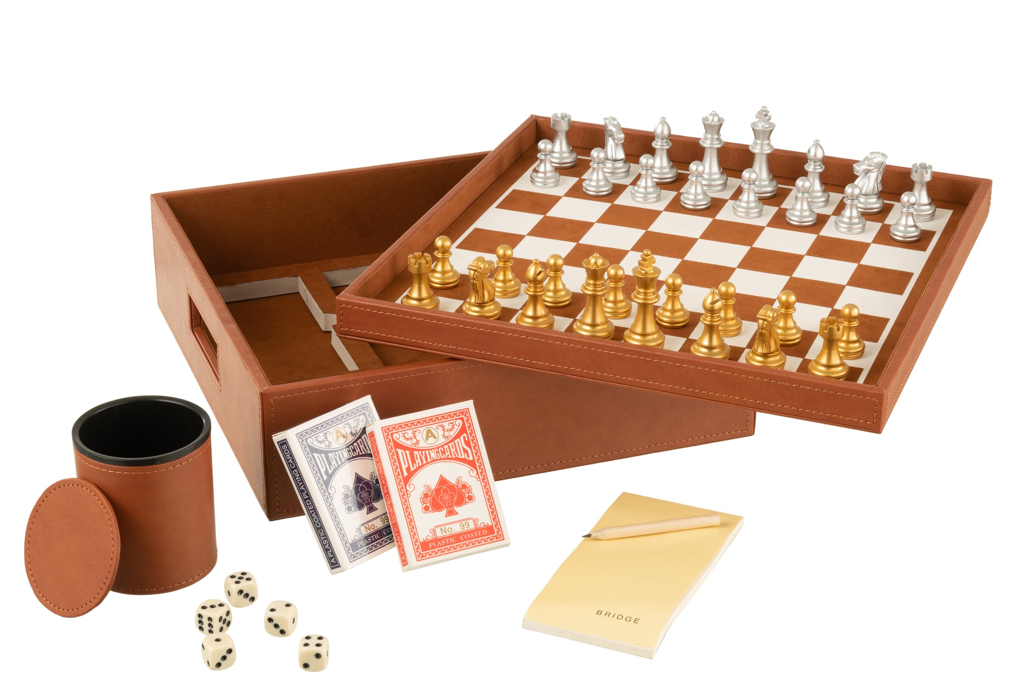 Jeu d’échecs & cartes en boîte similicuir cognac – Design décoratif, édition haut de gamme | J-Line