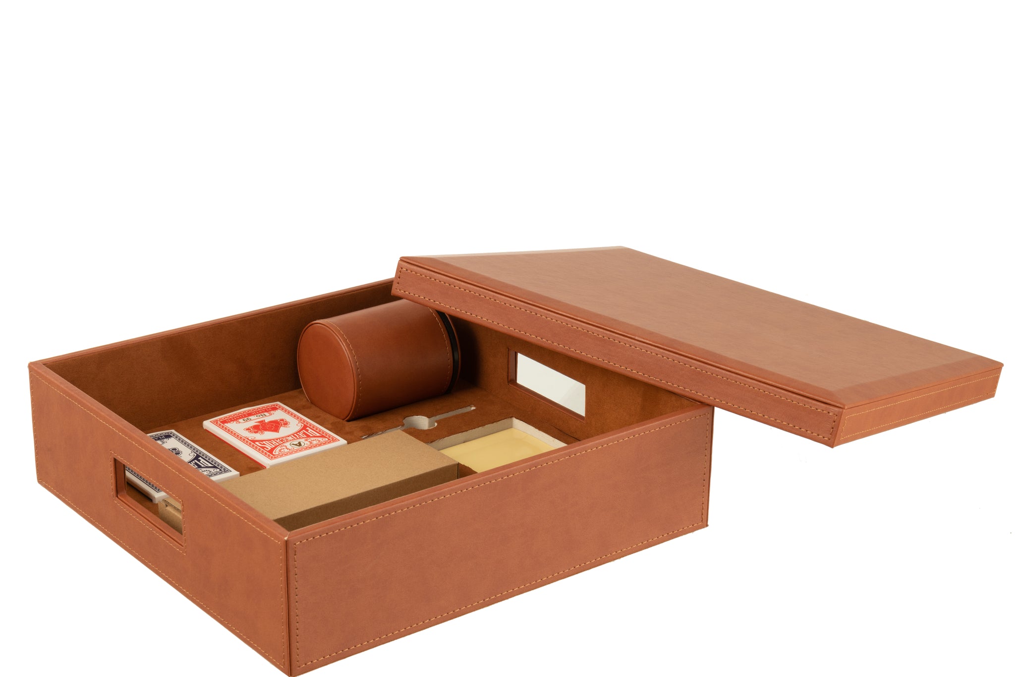 Jeu d’échecs & cartes en boîte similicuir cognac – Design décoratif, édition haut de gamme | J-Line