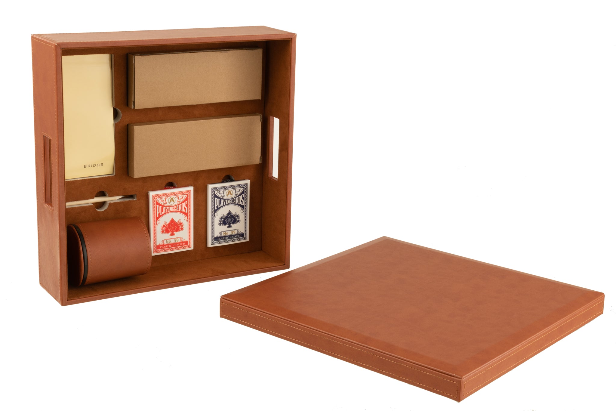 Jeu d’échecs & cartes en boîte similicuir cognac – Design décoratif, édition haut de gamme | J-Line