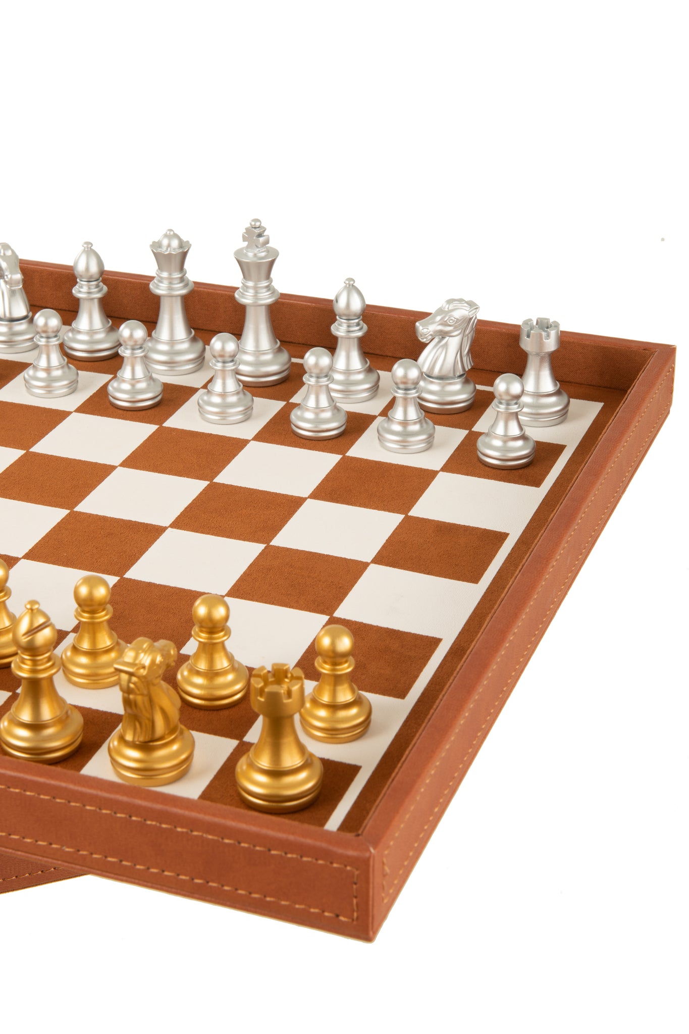 Jeu d’échecs & cartes en boîte similicuir cognac – Design décoratif, édition haut de gamme | J-Line