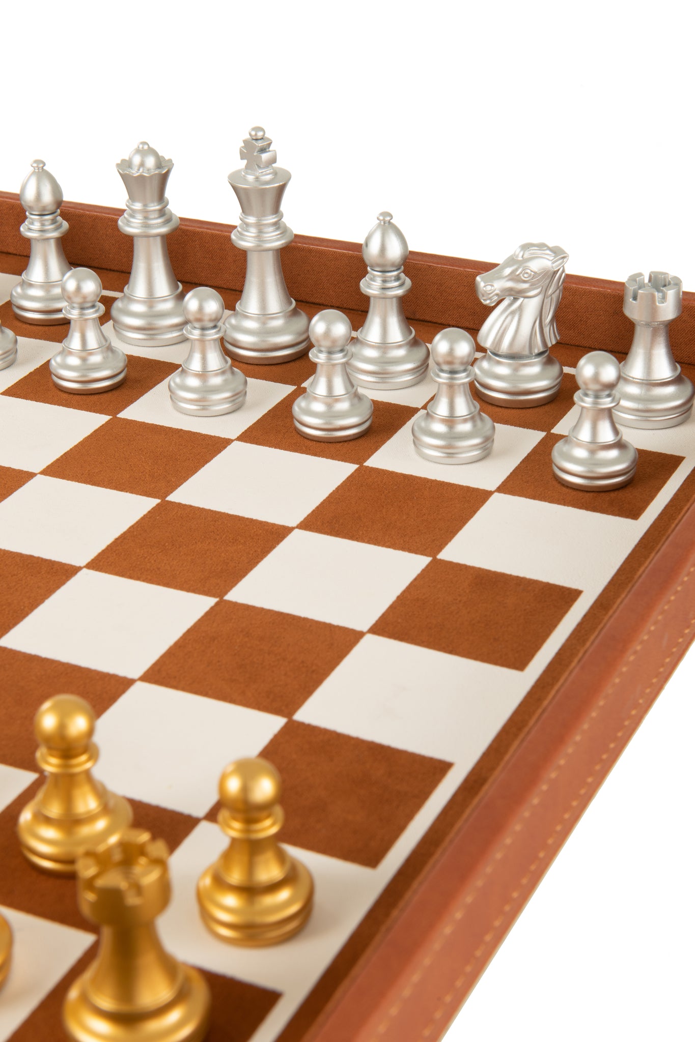 Jeu d’échecs & cartes en boîte similicuir cognac – Design décoratif, édition haut de gamme | J-Line