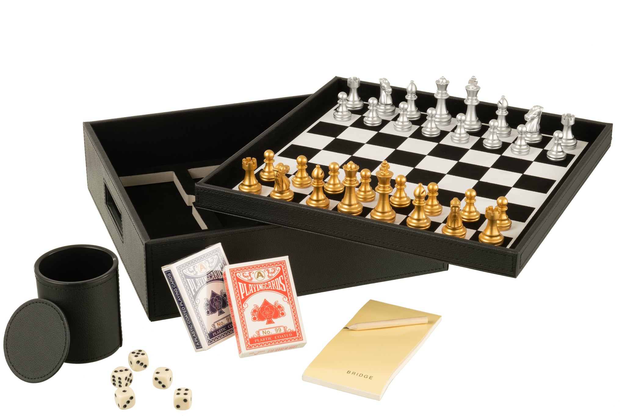 Jeu d’Échecs & Cartes Design en Boîte Similicuir Noir  – Jeu Décoratif, Cadeau Design  | J-Line
