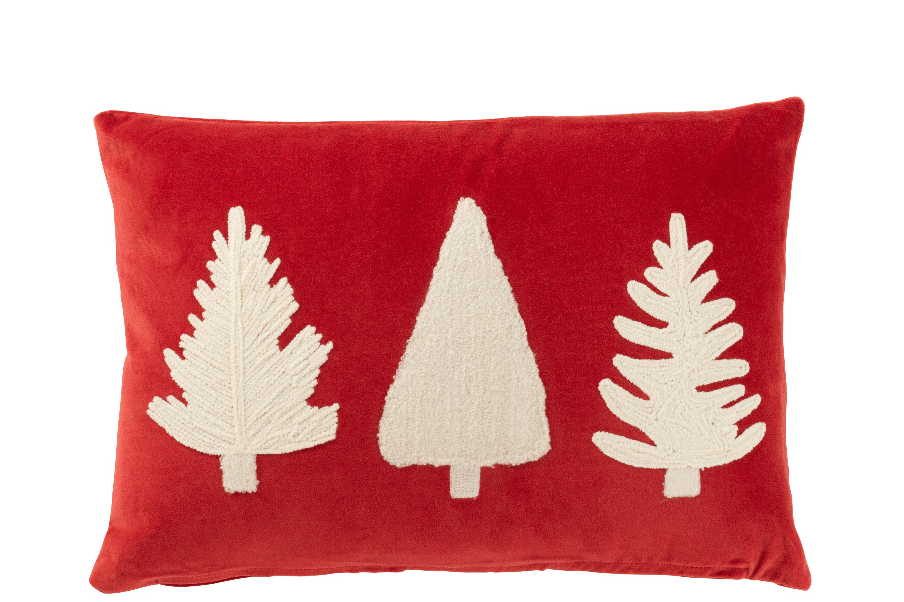 Coussin rectangle velours sapins de Noël blanc & rouge – Design minimaliste, Déco Cosy Hiver | J-Line