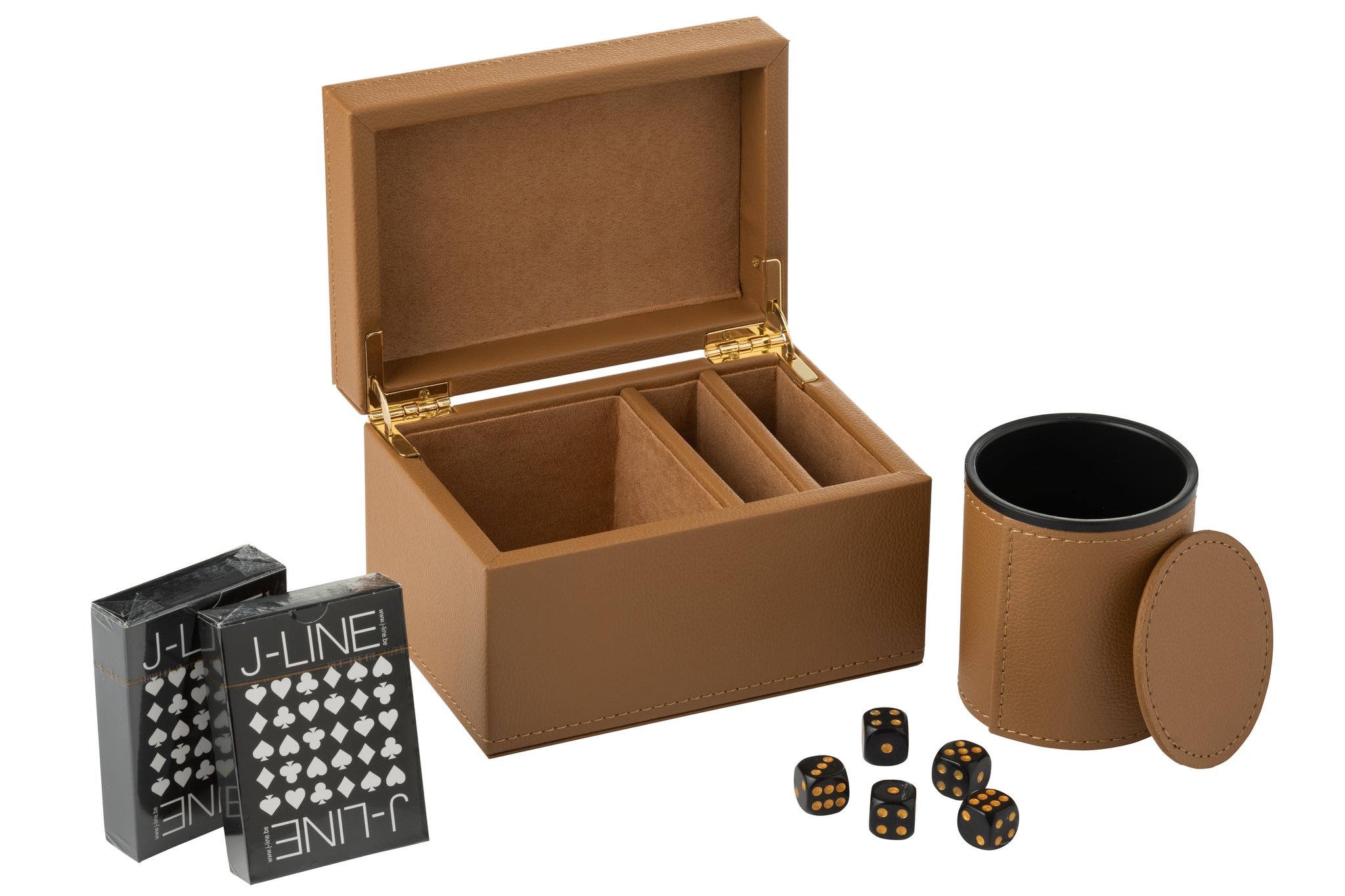 Jeu de cartes en boîte en similicuir camel – Élégance naturelle, objet déco premium | J-Line