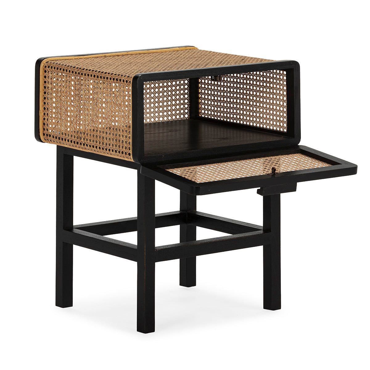 SUR DEVIS - Table de chevet 48x43x61 Bois de cèdre/Rotin -- Noir/Naturel - Club Pelita