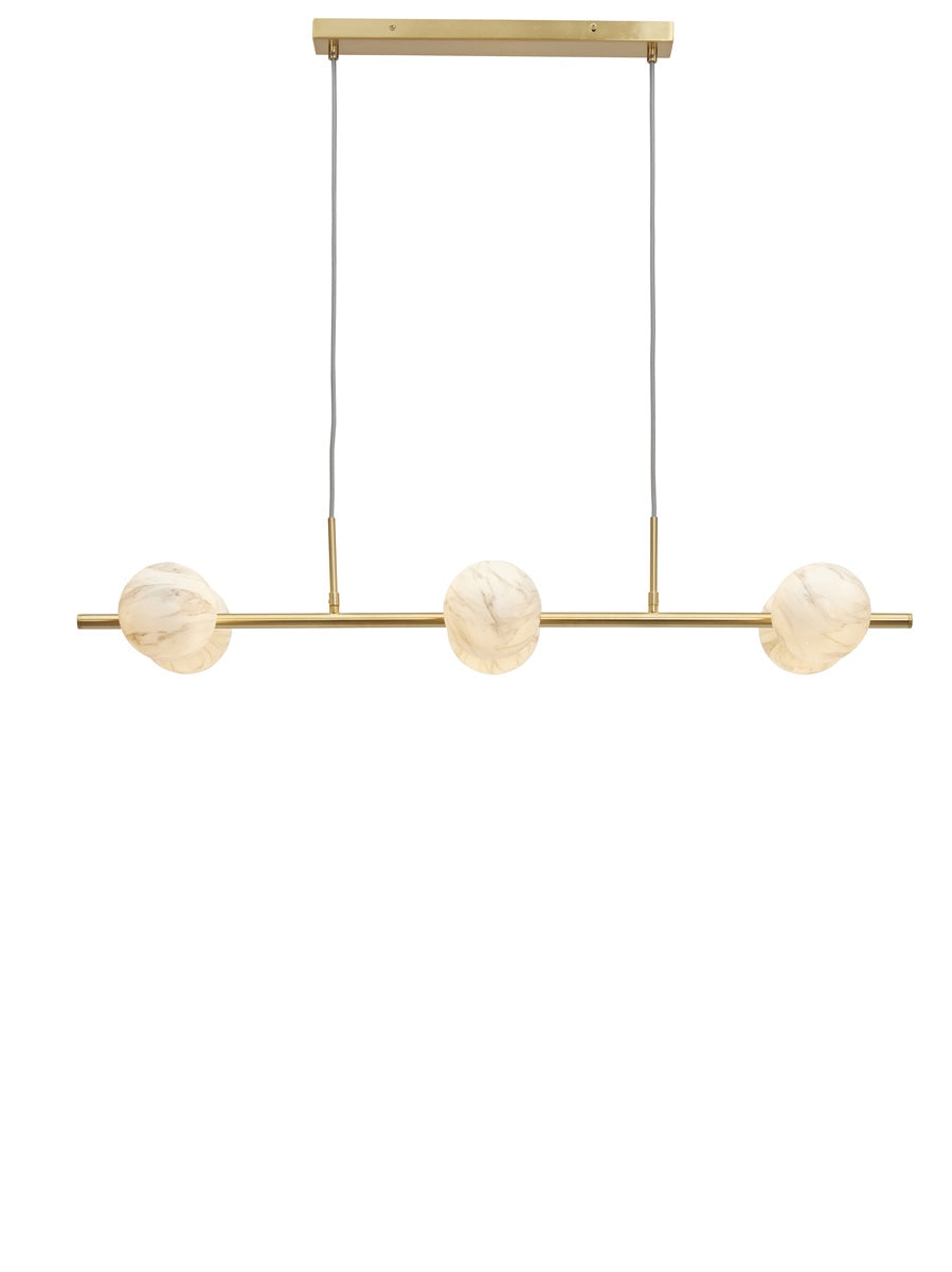 Suspension luminaire linéaire Carrara 6 globes en effet marbre blanc et doré