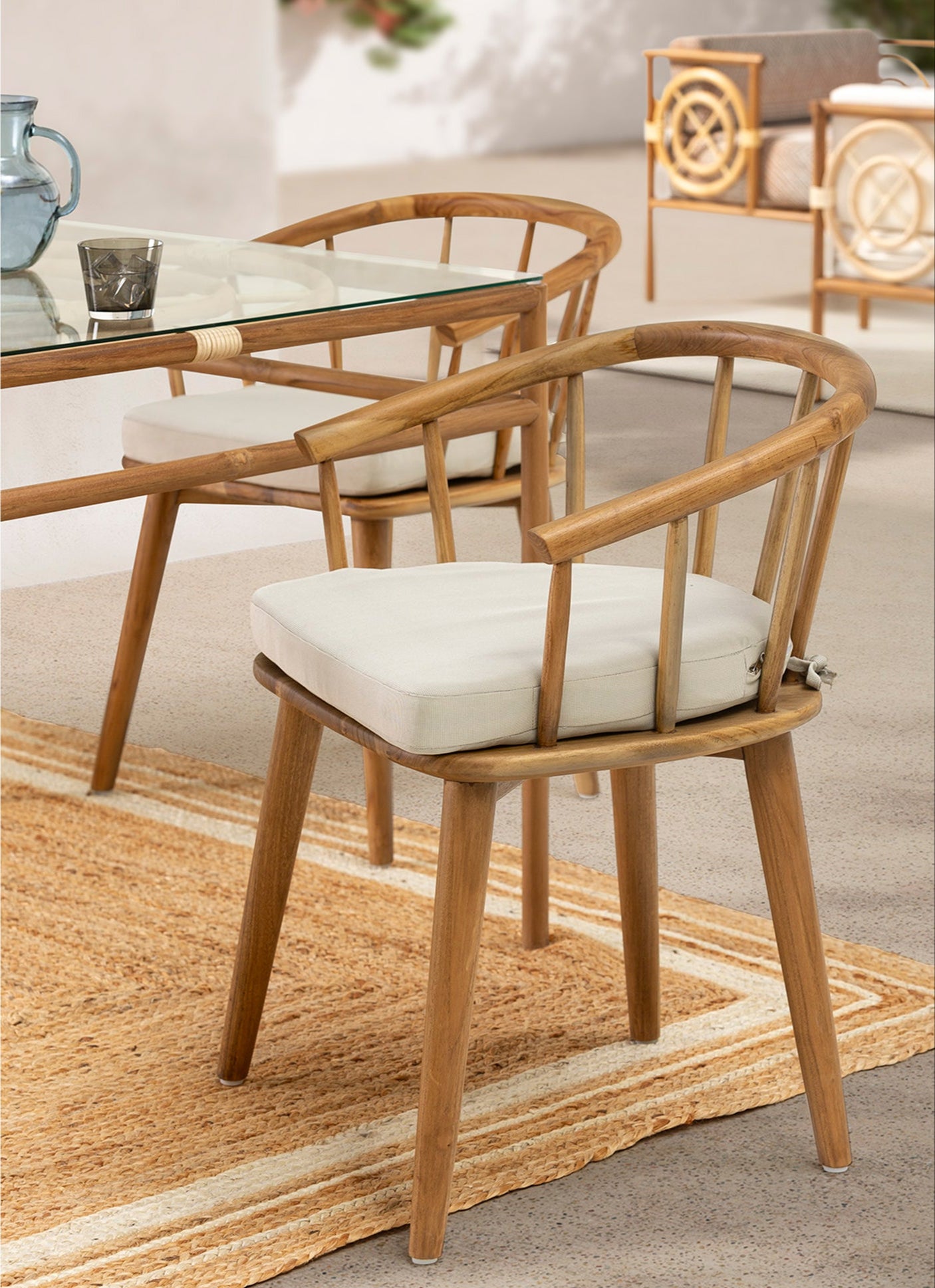 Chaise d'extérieur Minorque en teck avec coussin en coton