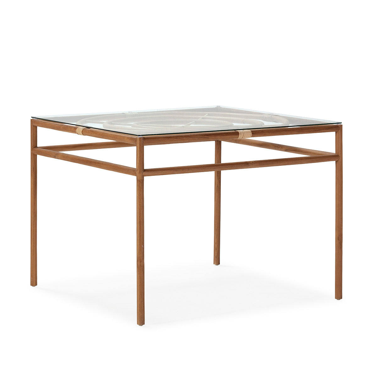 Table à manger d'extérieur Minorque en teck/rotin et verre trempé