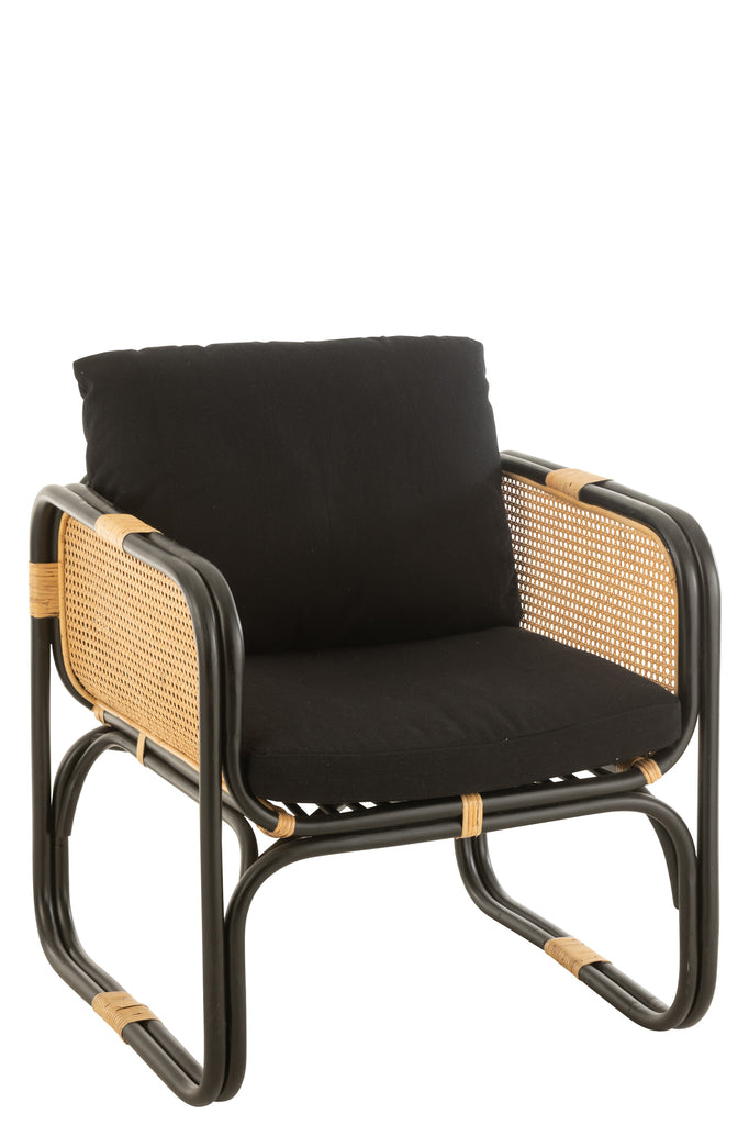 Fauteuil avec coussin en rotin/textile noir