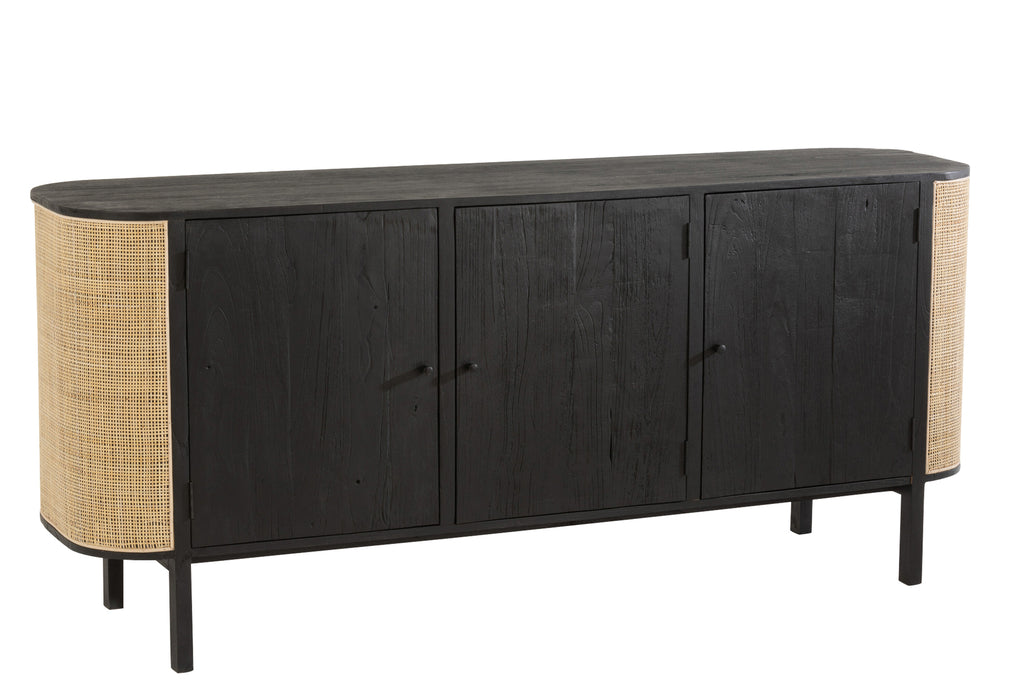 Buffet 3 portes Palamea en bois exotique et rotin noir - J-Line