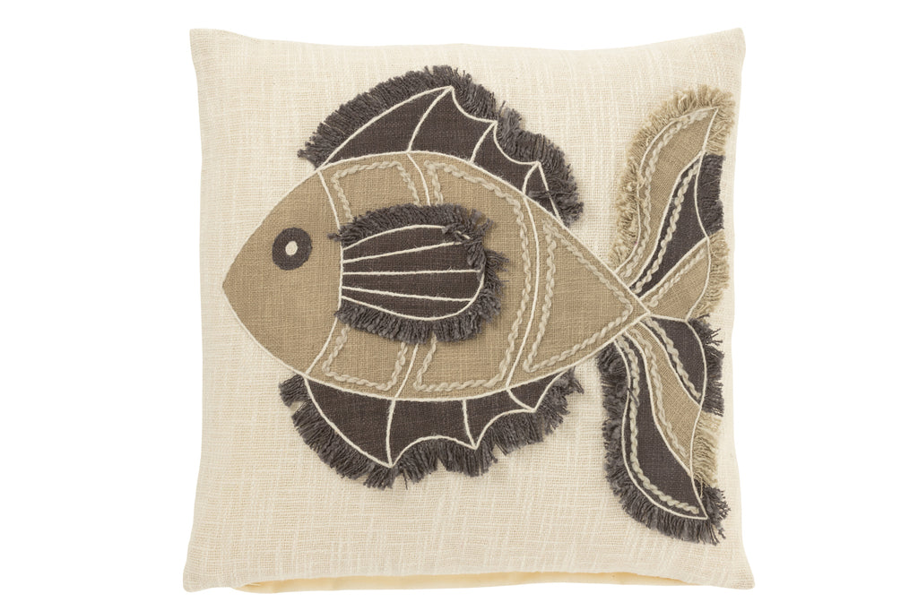 Coussin poisson en coton et laine beige - J-Line