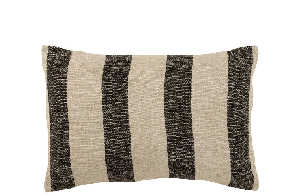 Coussin à rayures larges en lin beige et noir rectangulaire - J-Line