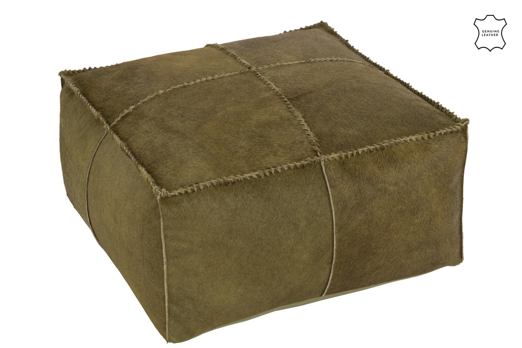 Pouf Jayapura en cuir de vache vert olive - J-Line