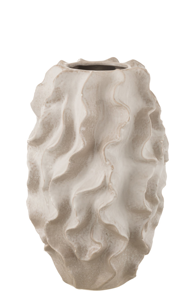 Vase à vagues abstraites en argile beige de grande taille - J-Line