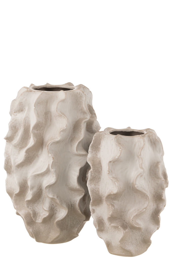 Vase à vagues abstraites en argile beige de grande taille - J-Line