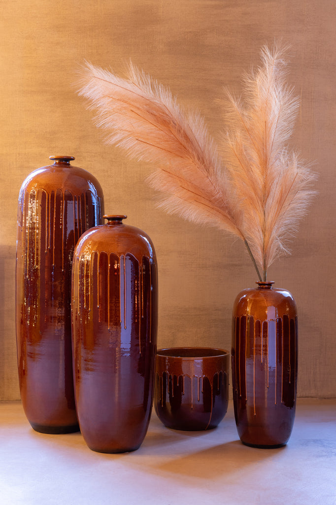 Vase Lee en terre cuite brillante marron/orange de grande taille - J-Line